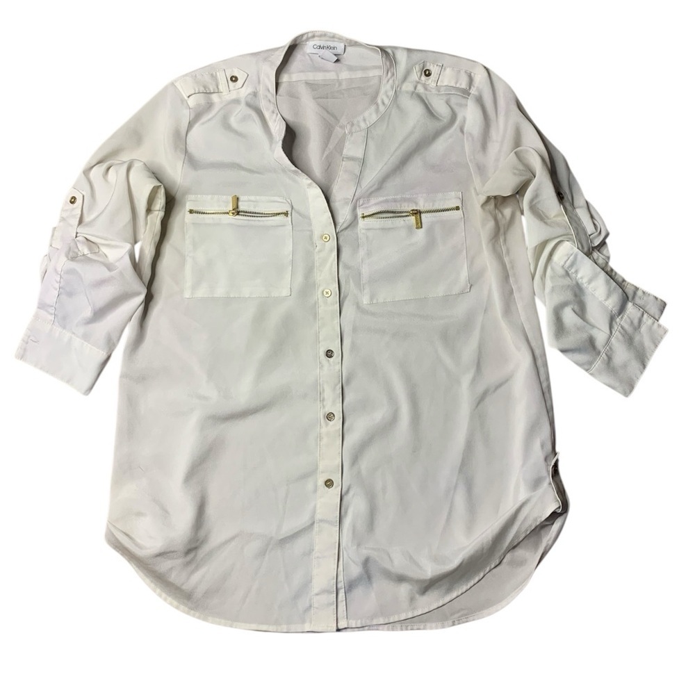 💜 Calvin Klein White Gold Zip Utility Roll-Tab Blouse Medium